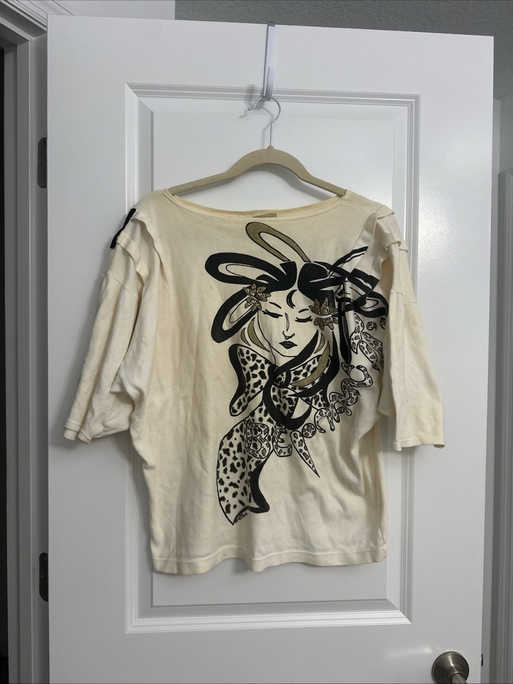 Vintage Graphic Women's Top with Black Illustration